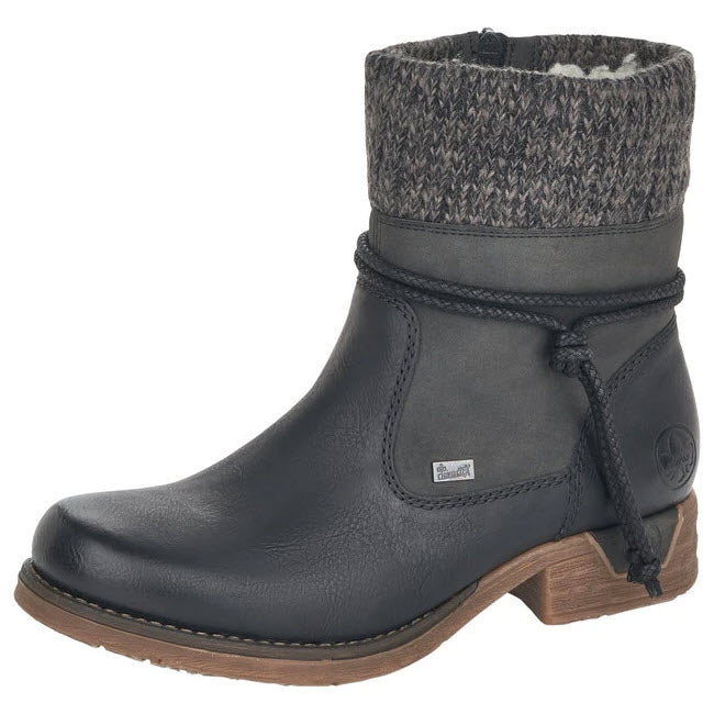 Rieker RIEKER WOOL LINED CUFF BOOTIE WITH TIE BLACK - WOMENS: Leather ankle boot with waterproof membrane, knitted cuff, and decorative side lacing.