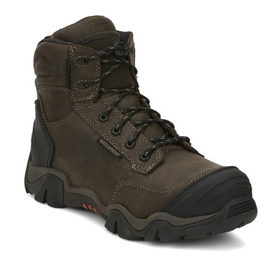 A brown waterproof leather Chippewa hiking boot with black rubber sole and lace-up front on a white background.