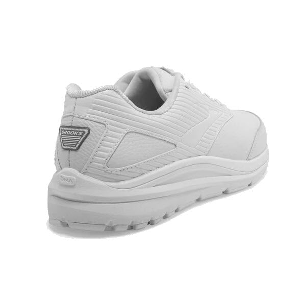 A single white Brooks Addiction Walker 2 Lace walking shoe displayed against a plain background, featuring a thick sole and a brand logo on the side.