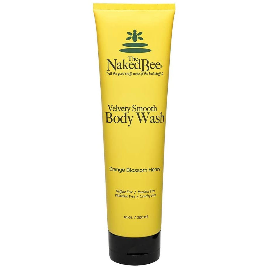 A tube of THE NAKED BEE ORANGE BLOSSOM BODY WASH labeled "velvety smooth," featuring organic aloe vera, paraben-free and cruelty-free indications.