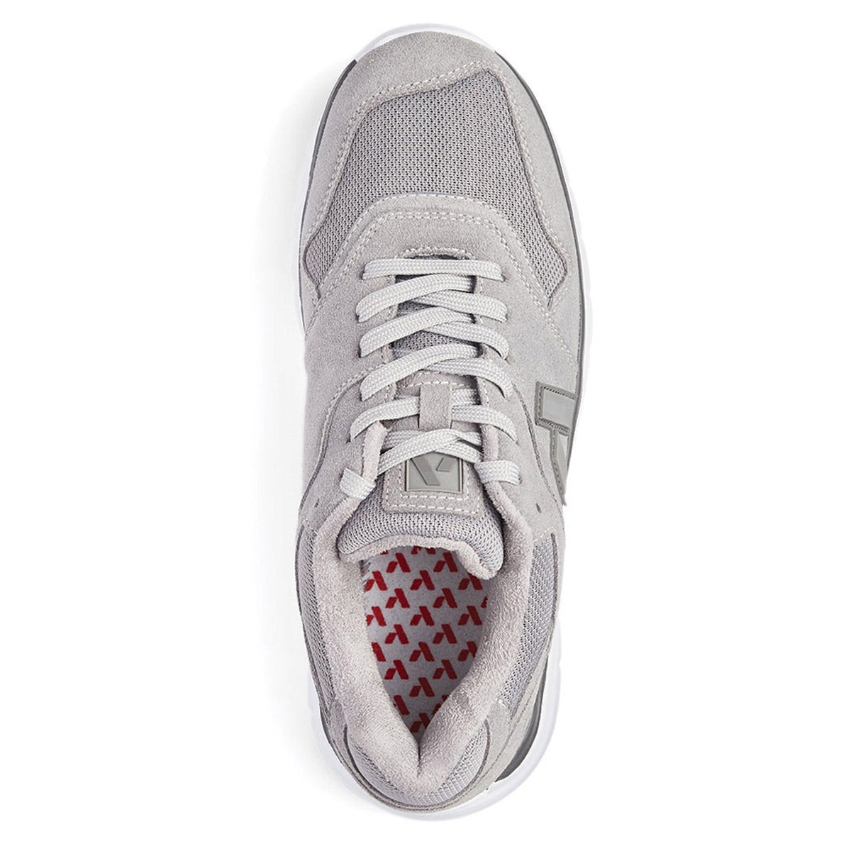 Top view of an Anodyne grey sport trainer with white laces, featuring a mesh fabric and a red patterned insole.