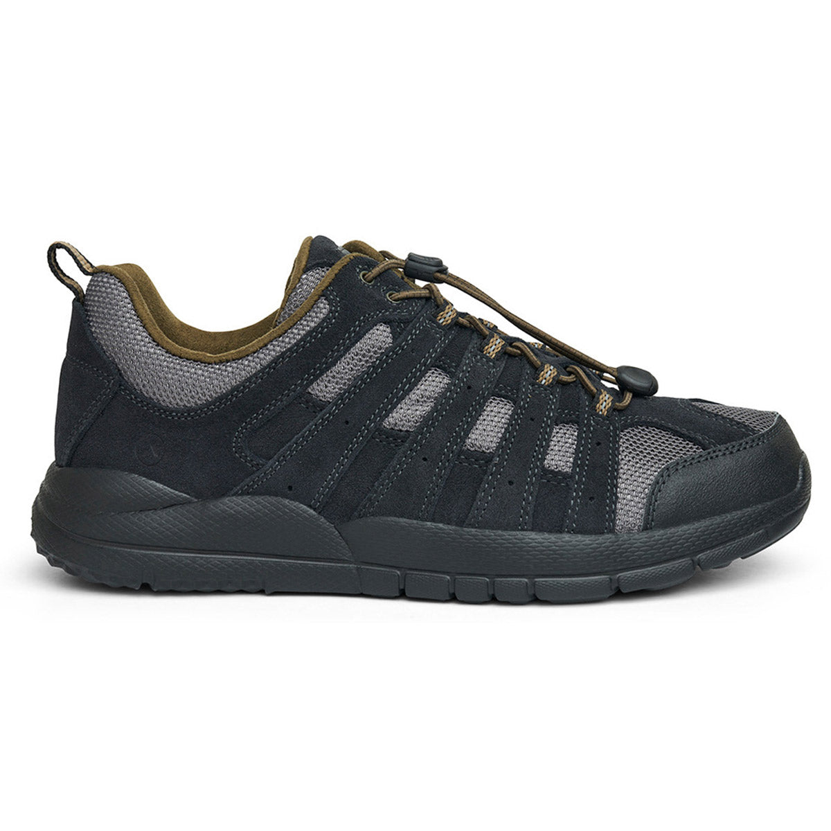 Side view of a single black and gray Anodyne Trail Walker hiking shoe with mesh inserts and a thick sole.