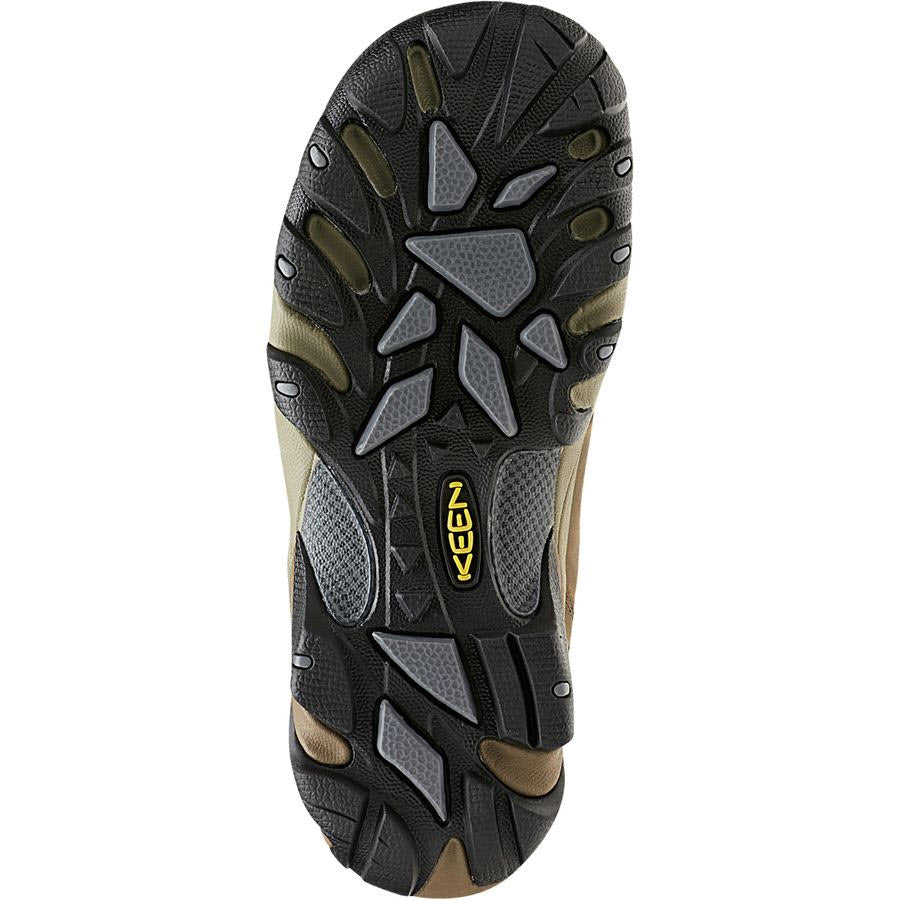 Bottom view of a waterproof hiking boot sole featuring multi-directional lugs and a KEEN logo in the center.