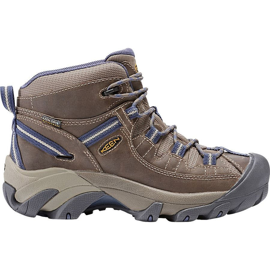 A single brown and gray hiking boot with blue accents and a KEEN.Dry waterproof lining, displaying the brand &quot;Keen&quot;.