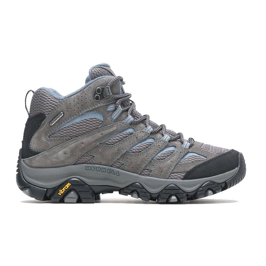 A single gray Merrell Siren Edge 3 Waterproof Rock/Bluestone hiking boot with a Vibram® Megagrip sole, featuring a laced-up front and loop on the back for easy wearing.