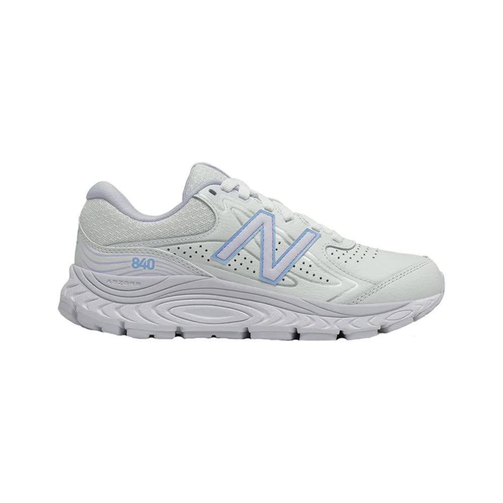 A New Balance W840V3 white/silent silver women's walking shoe, showcasing its side profile with a prominent "n" logo.