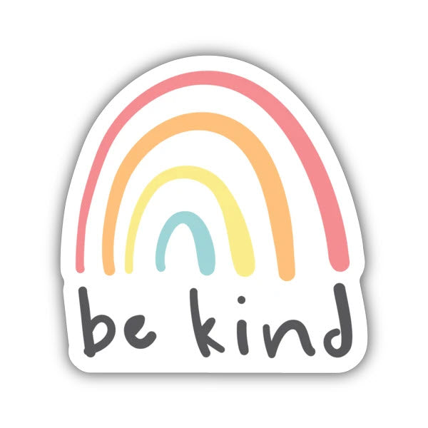 Sticker design featuring a weatherproof rainbow with the phrase "BE KIND" below it, ideal for water bottles from Stickers Northwest.