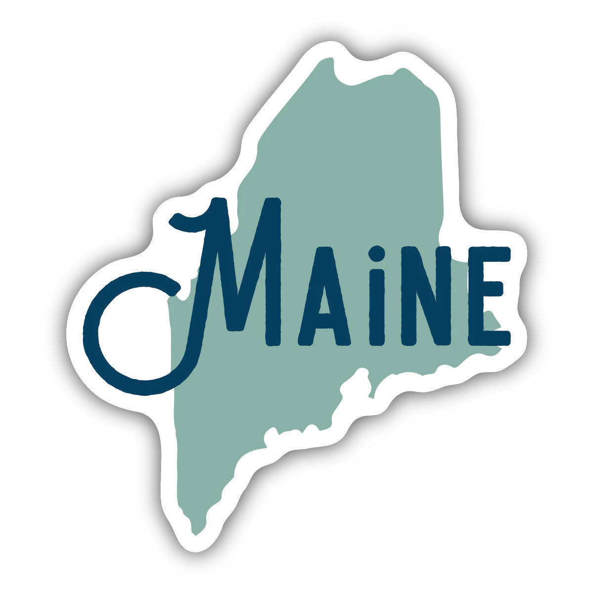 Stickers Northwest's Maine sticker design features the state of Maine's outline in teal with the word "Maine" superimposed in dark blue cursive, made to be weatherproof for water bottles.