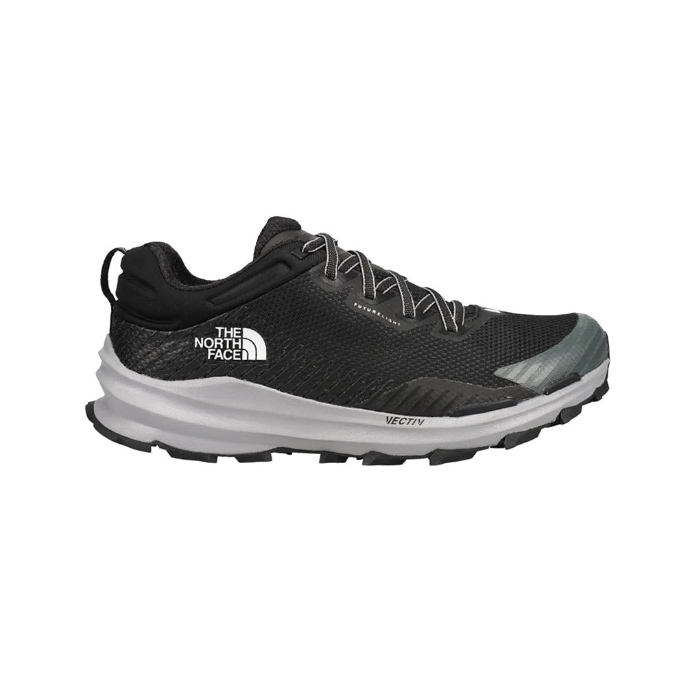 A single gray and black North Face VECTIV Fastpack trail shoe with a white sole, viewed from the side.