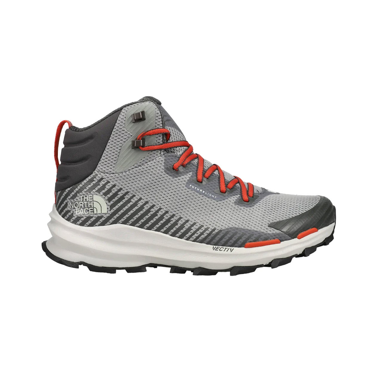 A gray and red North Face VECTIV Fastpack Mid Meld Grey hiking boot with an ankle-high design and striped details on the side.