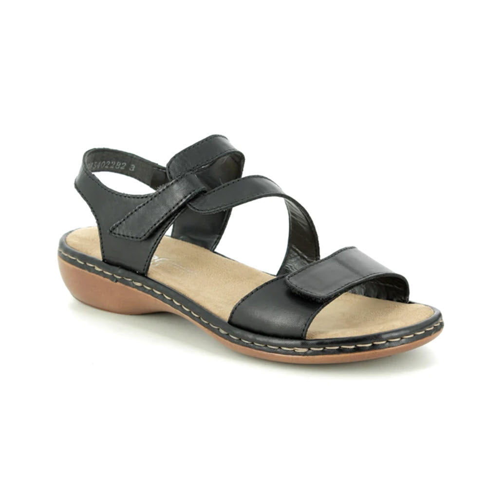Ladies RIEKER COMFORT Z STRAP SANDAL BLACK - WOMENS with hook and loop fastening straps on a white background.