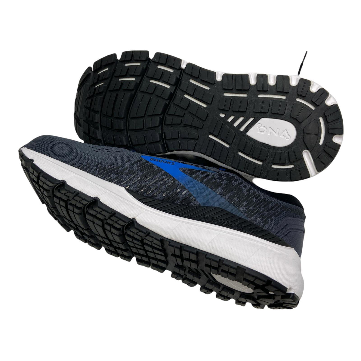 A pair of Brooks Addiction GTS 15 INK/BLACK running shoes with GuideRail technology for overpronators and a thick tread on the sole.