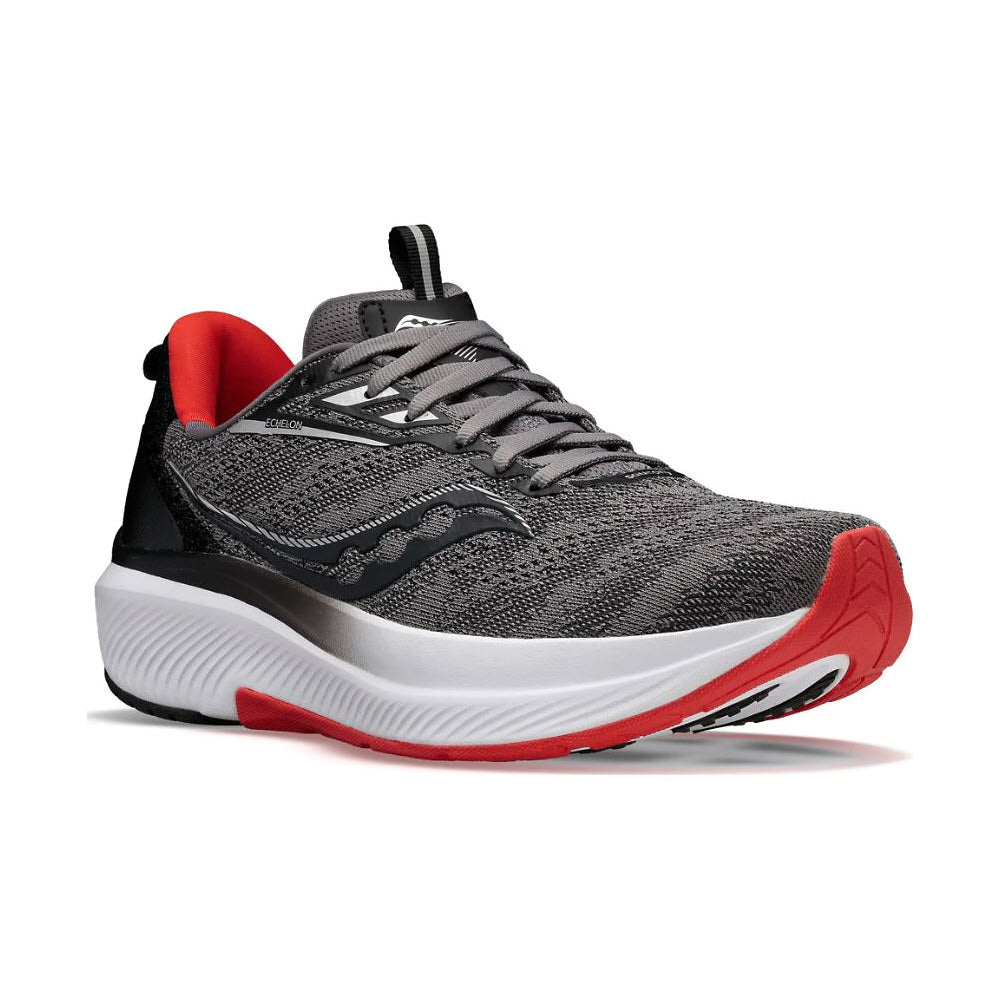 Gray and black Saucony SAUCONY ECHELON 9 CHARCOAL/RED SKY - MENS running shoe with red accents and a white sole, featuring a lace-up design and a pull tab on the heel.