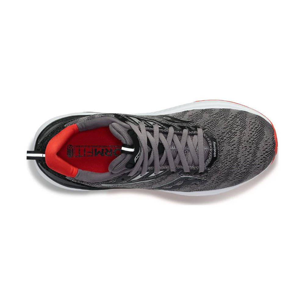 Top view of a gray and red Saucony Echelon 9 running shoe with laces, featuring a visible brand logo on the insole.
