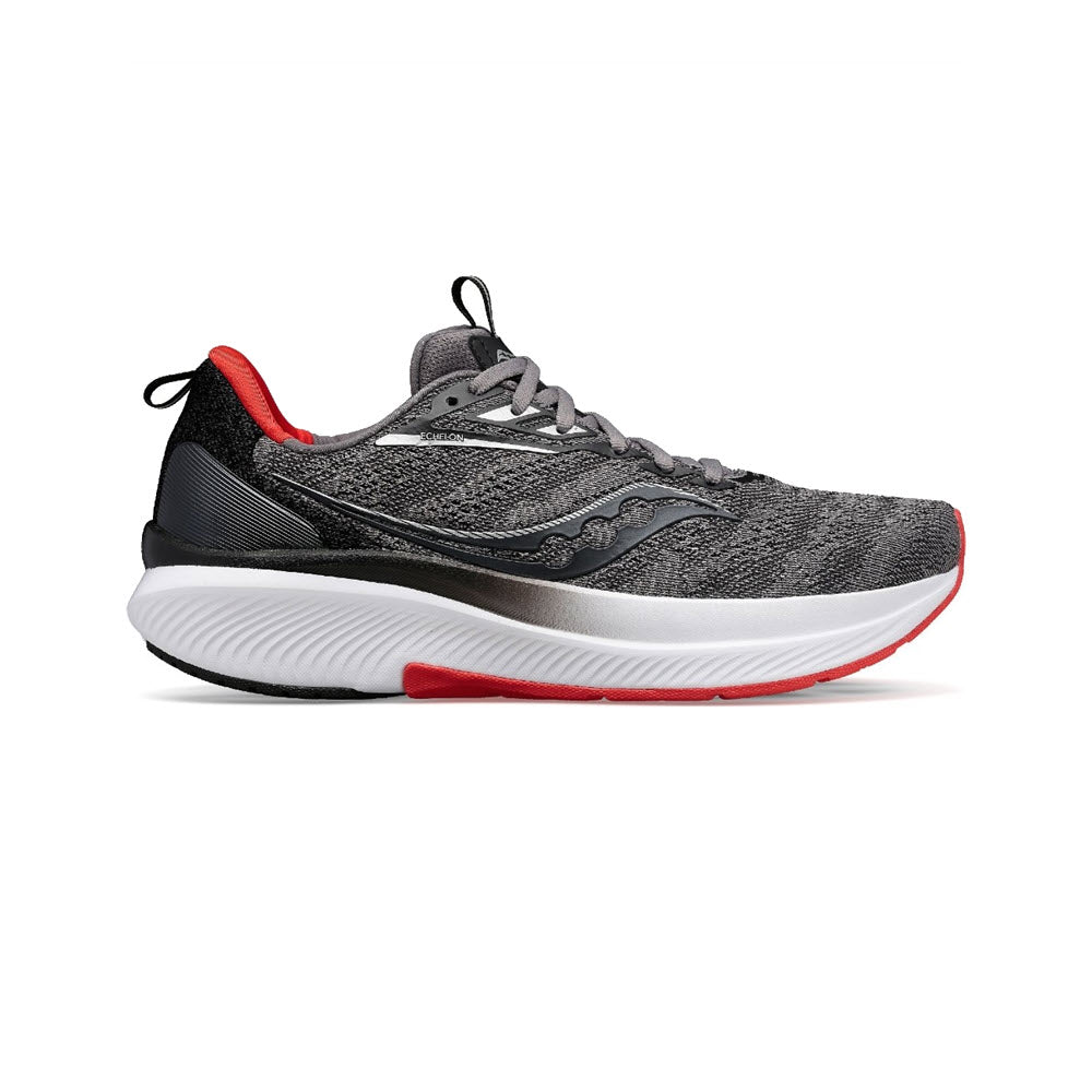 A modern Saucony ECHELON 9 CHARCOAL/RED SKY running shoe with a gray and black upper, white midsole, and bright red accents, displayed on a white background.