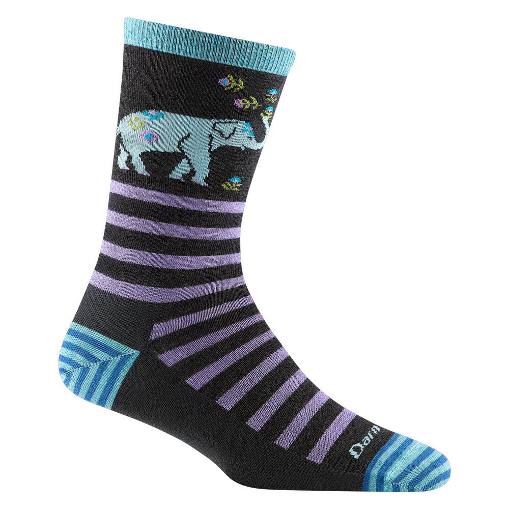 A single Darn Tough Animal Haus crew sock featuring a black and blue striped design with floral and bear patterns, and a visible brand name on the toe.