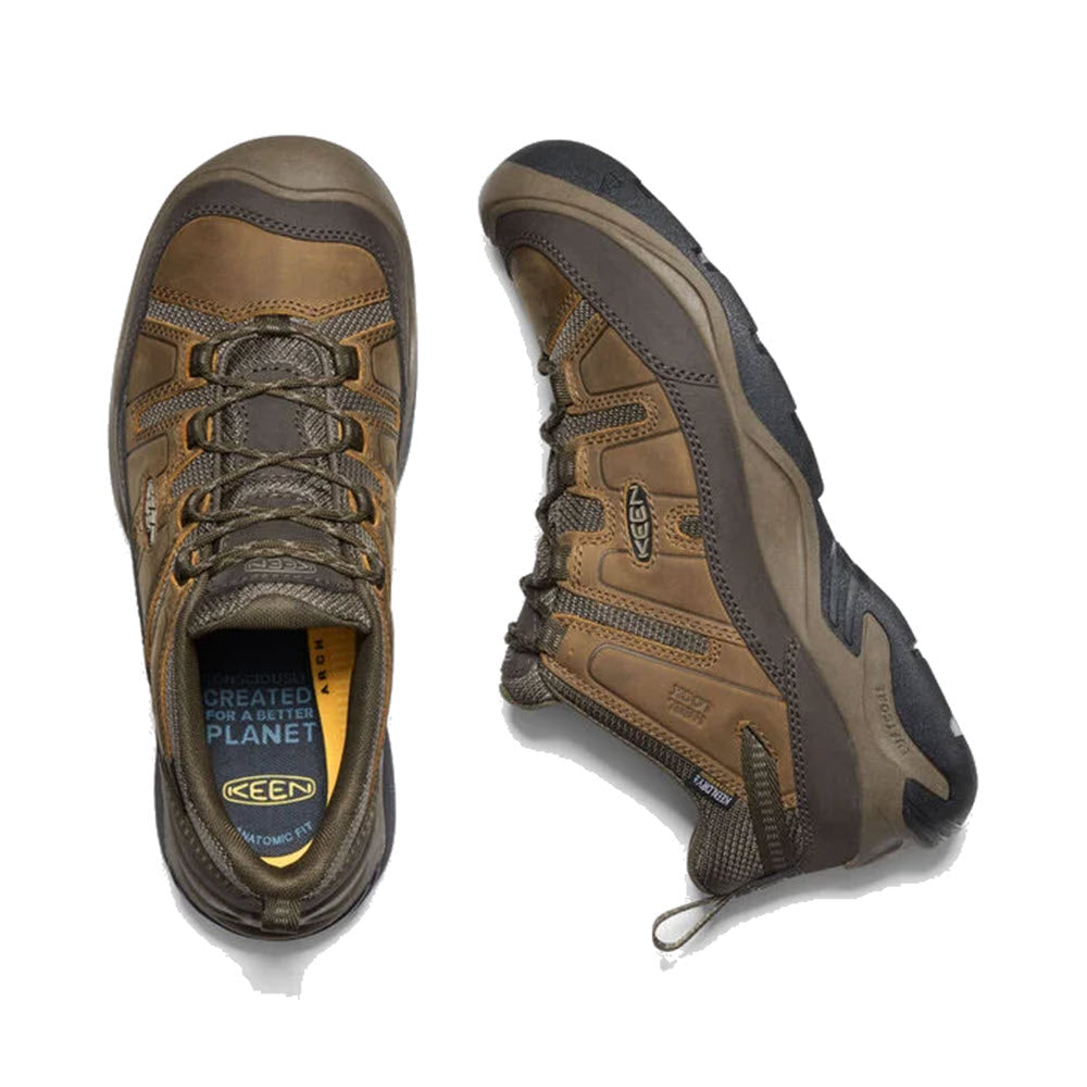 A pair of Keen Circadia WP Shitake hiking boots, brown and gray, displayed from above with one shoe lying flat and the other angled slightly.