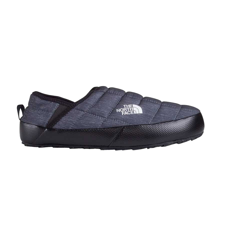 Side view of a dark gray North Face ThermoBall Mule V, an insulated slip-on shoe with a black high-traction rubber outsole and white logo on top.