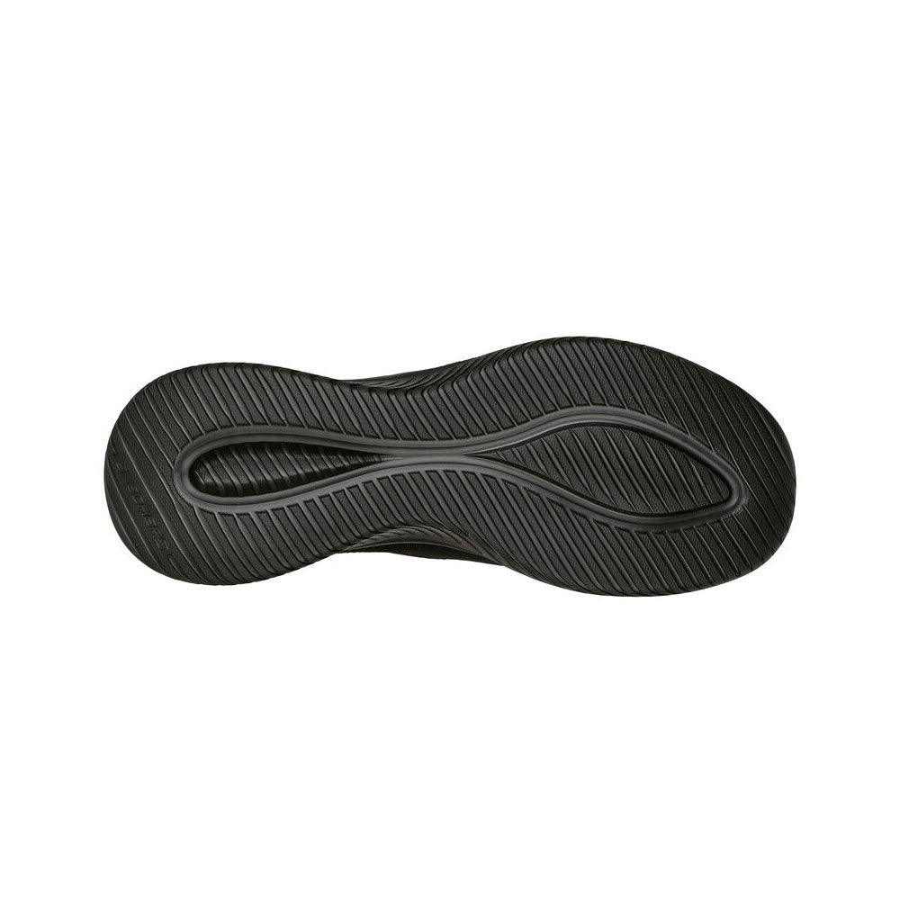 Skechers Ultra Flex 3.0 black shoe sole with textured, wavy patterns and Air-Cooled Memory Foam for grip, photographed against a white background.