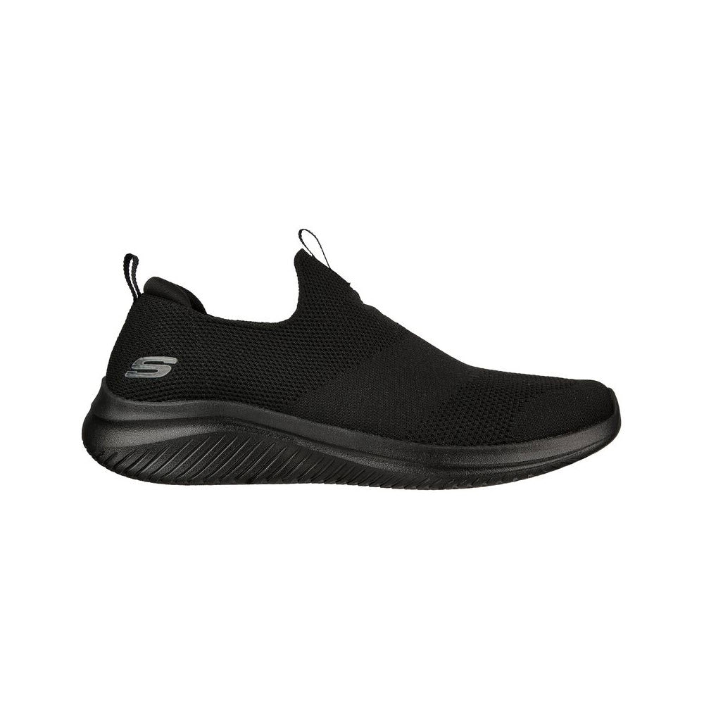 Black Skechers Ultra Flex 3.0 Hands Free Slip-ins sneaker with a mesh upper and flexible rubber sole, featuring a logo on the side.
