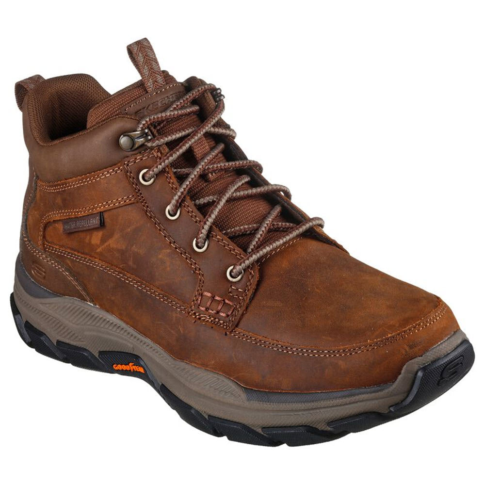 A single Skechers Boswell Dark Brown hiking boot with thick rubber sole, featuring metal eyelets and Air-Cooled Memory Foam, isolated on a white background.