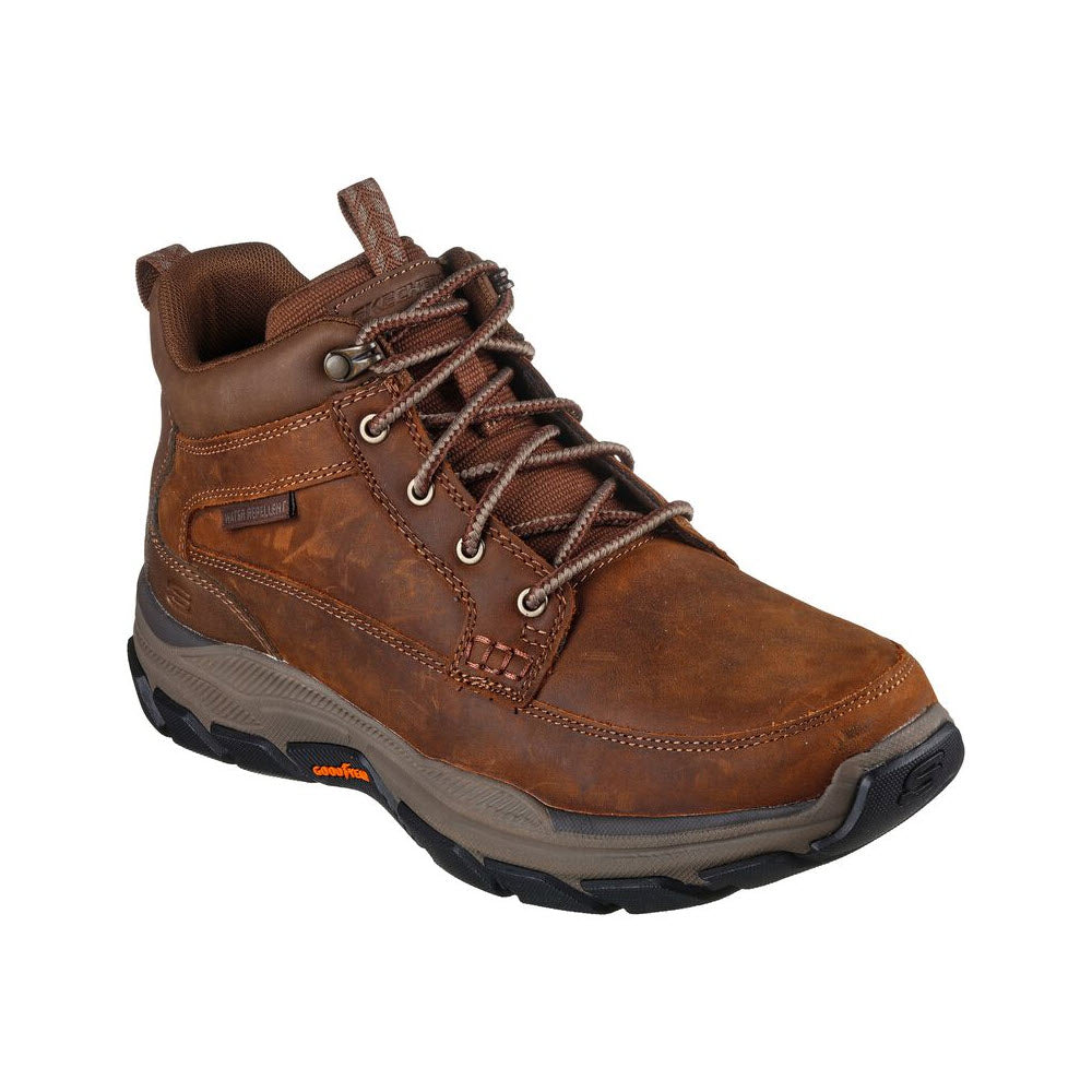 A single Skechers Boswell Dark Brown hiking boot with laces, featuring a sturdy rubber sole and a small orange Air-Cooled Memory Foam logo on the side.