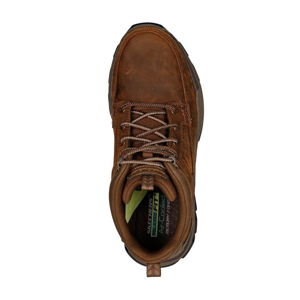 Top view of a Skechers Boswell Dark Brown men&#39;s leather shoe with laces and a visible Air-Cooled Memory Foam label inside.