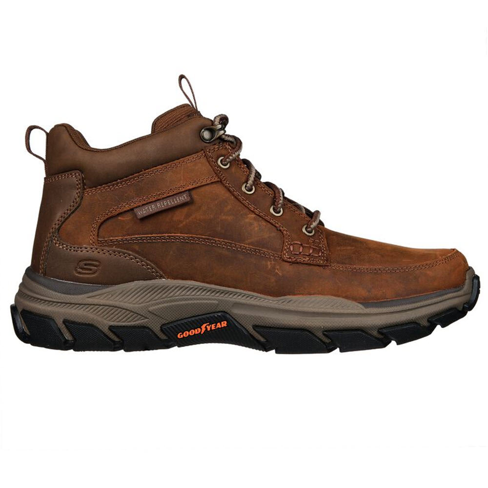 Brown Skechers Boswell Dark Brown work boot with lace-up front, ankle support, and black Goodyear rubber sole on a white background.