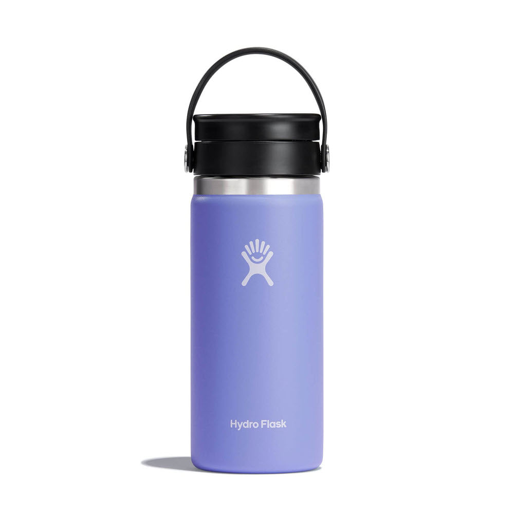 An Hydro Flask Wide Mouth Coffee 16oz Lupine bottle in purple with a black Flex Sip Lid and handle, featuring the brand’s logo on a white background.