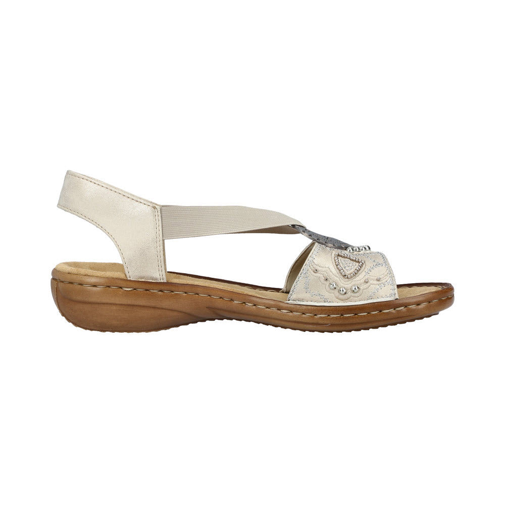 A single RIEKER white strappy sandal with embellishments and a slingback strap, isolated on a white background.