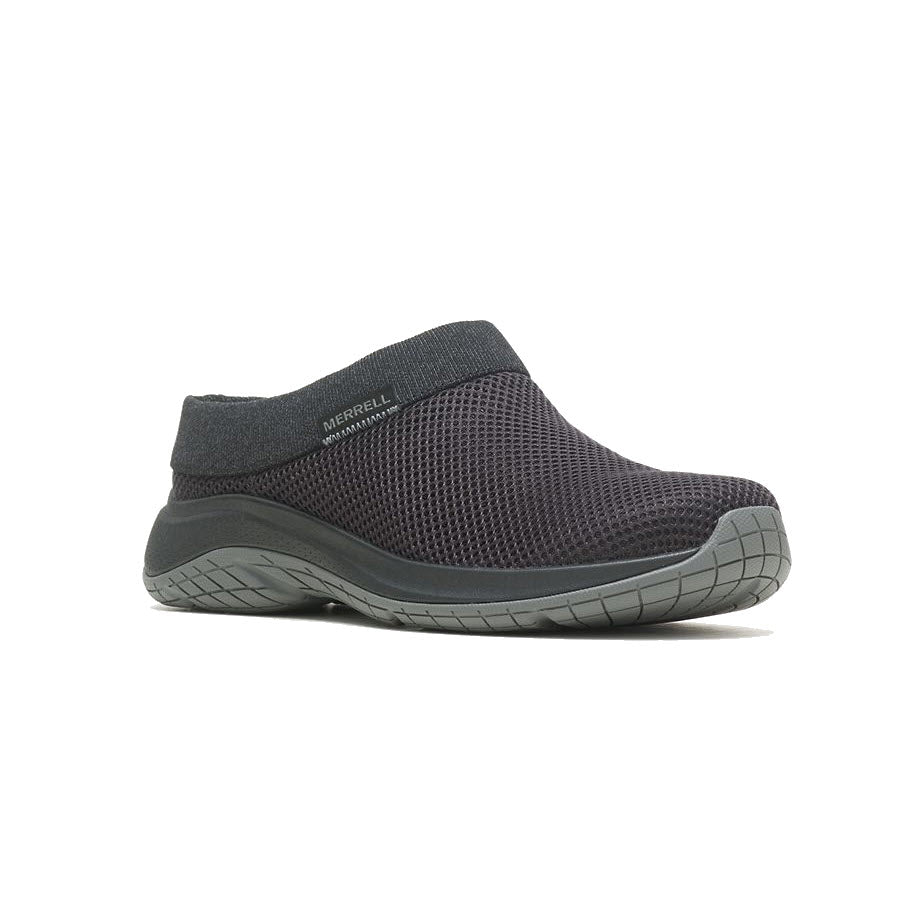 A single Merrell Encore Breeze 5 slip-on shoe in black with a mesh upper and cushioned soles, isolated on a white background.