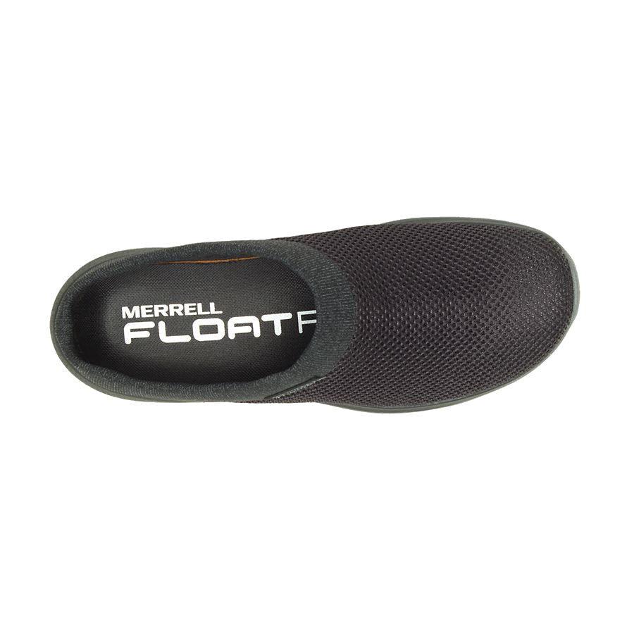 Top view of a single black Merrell Encore Breeze 5 shoe, showcasing the Merrell brand logo on the cushioned insole.