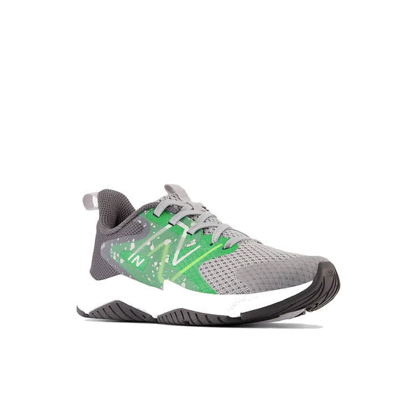 A gray and green New Balance Rave Run 2 Raincloud/Green - Kids running shoe on a white background.