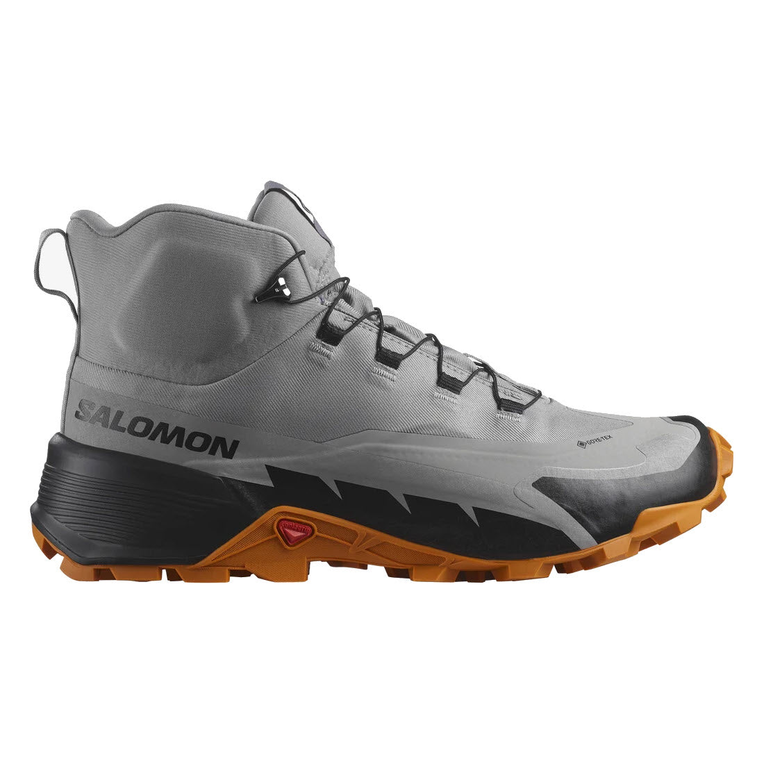 A gray and black Salomon Cross Hike 2 Mid GTX Gull/Marmalade hiking boot with a chunky sole and orange accents on a white background.