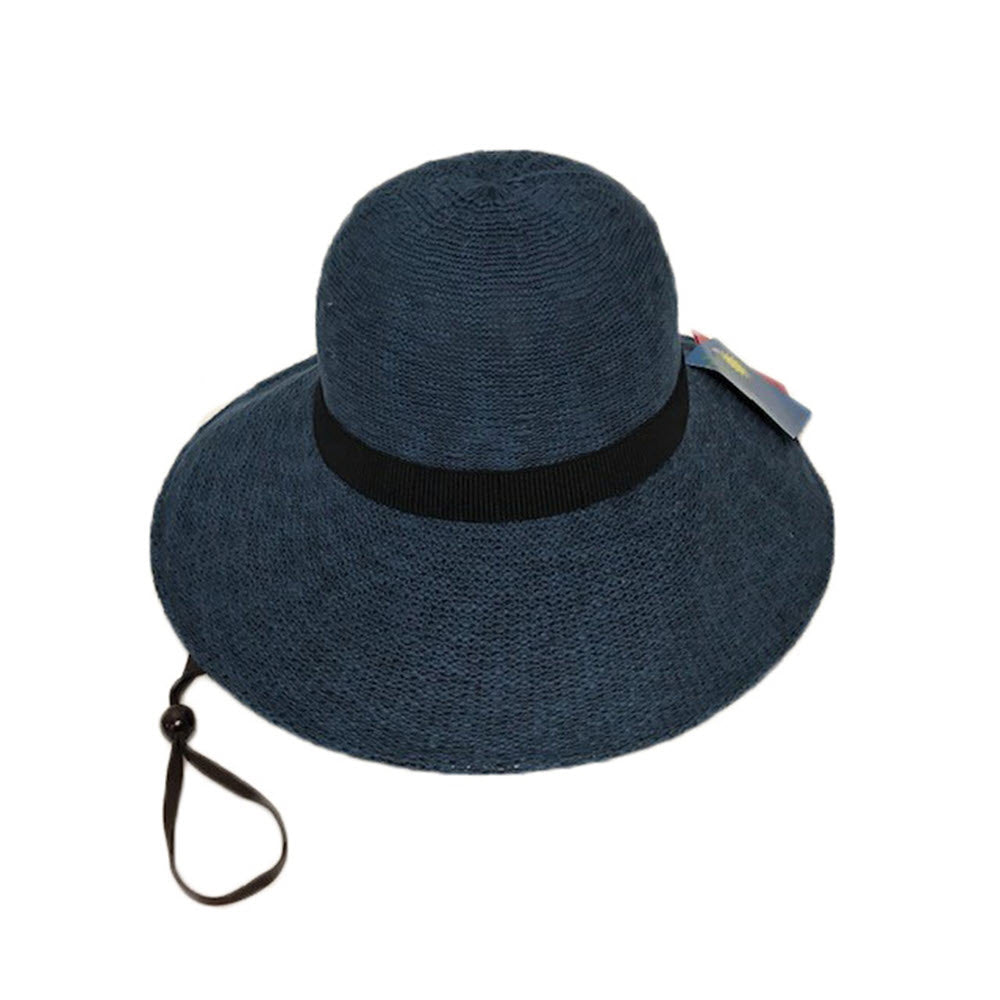 SHIHREEN LARGE BRIM HAT SLATE BLUE/BLACK BAND with SPF50+ protection, featuring a black ribbon and adjustable chin strap, isolated on a white background by Shihreen Inc.