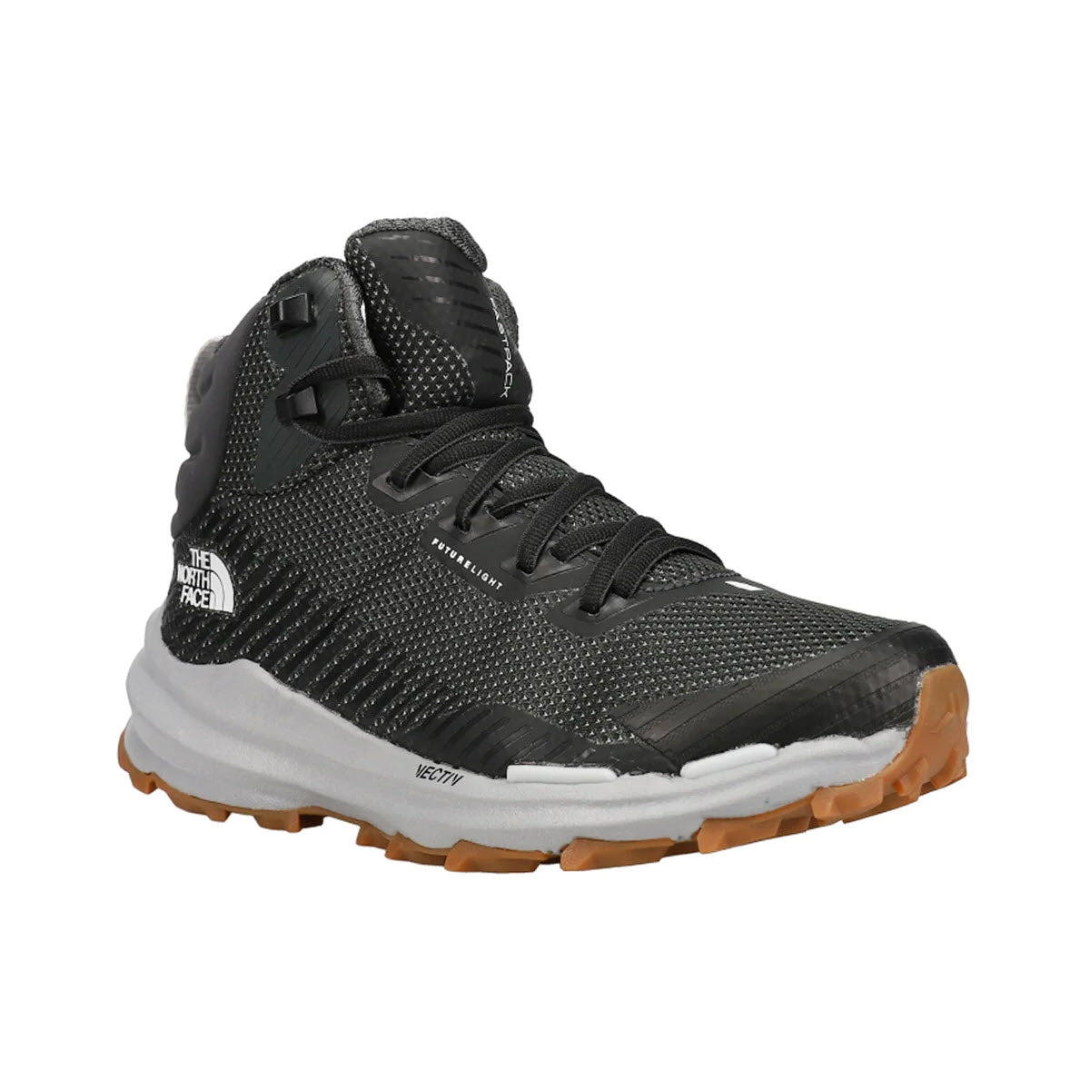 A black and gray North Face VECTIV FASTPACK MID FUTURELIGHT ASPHALT hiking boot with lace-up front and a rugged brown sole.