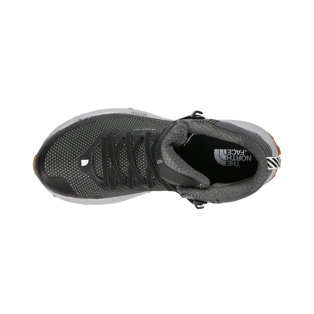 Top view of a single North Face VECTIV FASTPACK MID FUTURELIGHT ASPHALT - WOMENS trail running shoe with black laces and a rugged VECTIV technology sole.