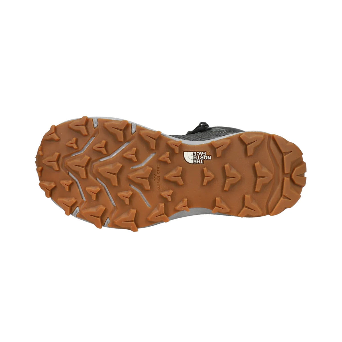 Sole of a North Face VECTIV FASTPACK MID FUTURELIGHT ASPHALT - WOMENS hiking shoe featuring lightweight VECTIV technology with rugged, multidirectional tread for grip, displayed against a white background.