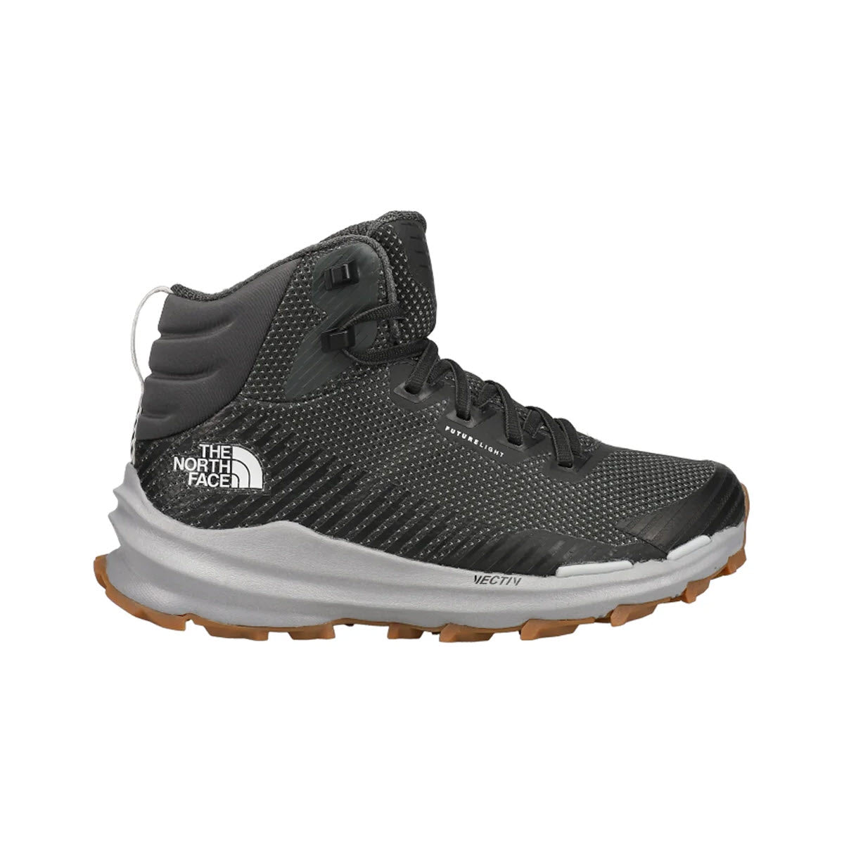 A black North Face VECTIV FASTPACK MID FUTURELIGHT ASPHALT hiking boot with a high ankle, white midsole, and brown outsole, featuring a dotted design and brand logos.