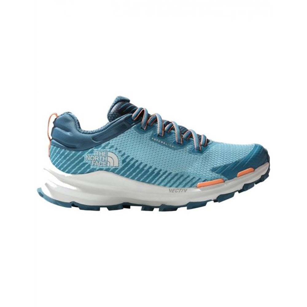 A blue and gray North Face Vectiv Fastpack Futurelight Reef Waters/Blue Coral running shoe with orange accents and an OrthoLite insole, displayed against a white background.