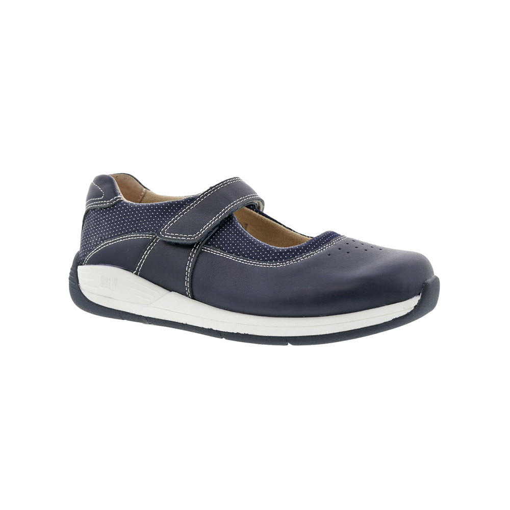 A single navy blue Drew Trust navy - womens casual shoe with a velcro strap and a slip-resistant outsole, displayed on a white background.
