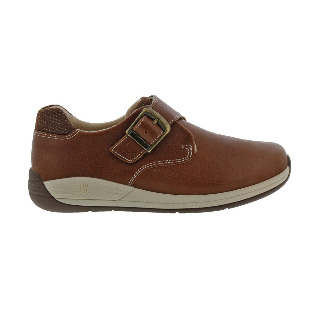 Side view of a single DREW TEMPO CAMEL men's shoe with an adjustable closure and a rubber sole on a white background.