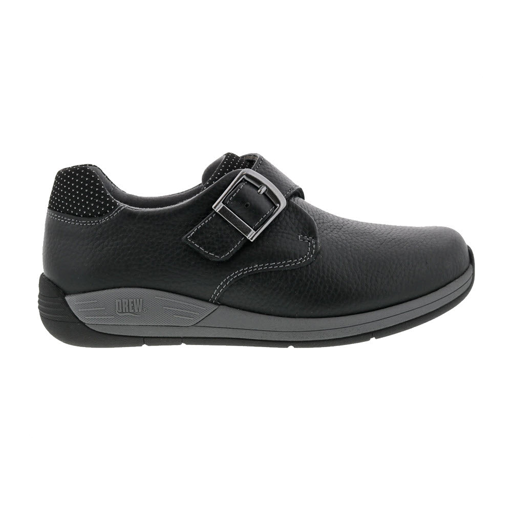 Drew Tempo Black orthopedic shoe with an adjustable closure and perforated details on the side, displayed against a white background.