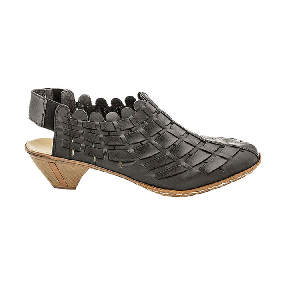 Rieker black woven leather sandal with a chunky wooden heel, open toe, and a women's leather slingback shoe strap at the heel on a white background.