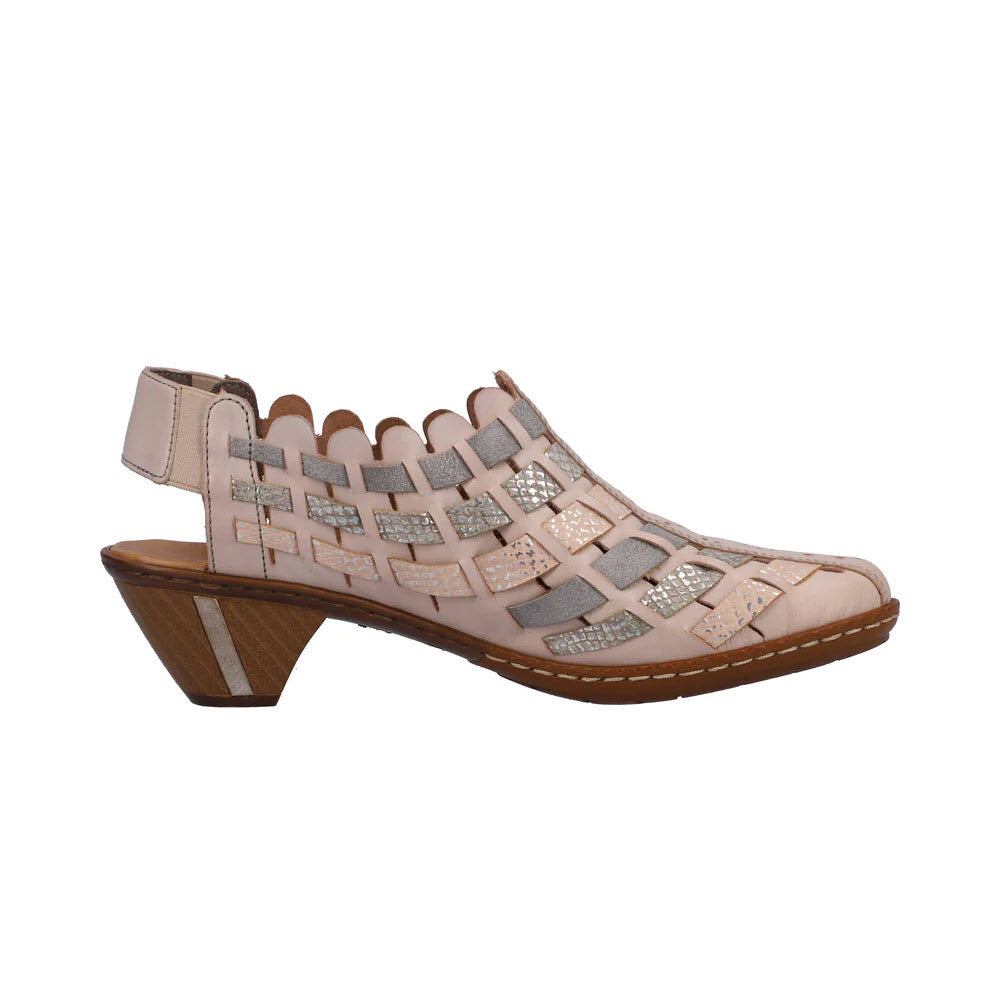 A Rieker beige heeled sandal with an off white multi interweave leather upper and shimmering embellishments on a white background.