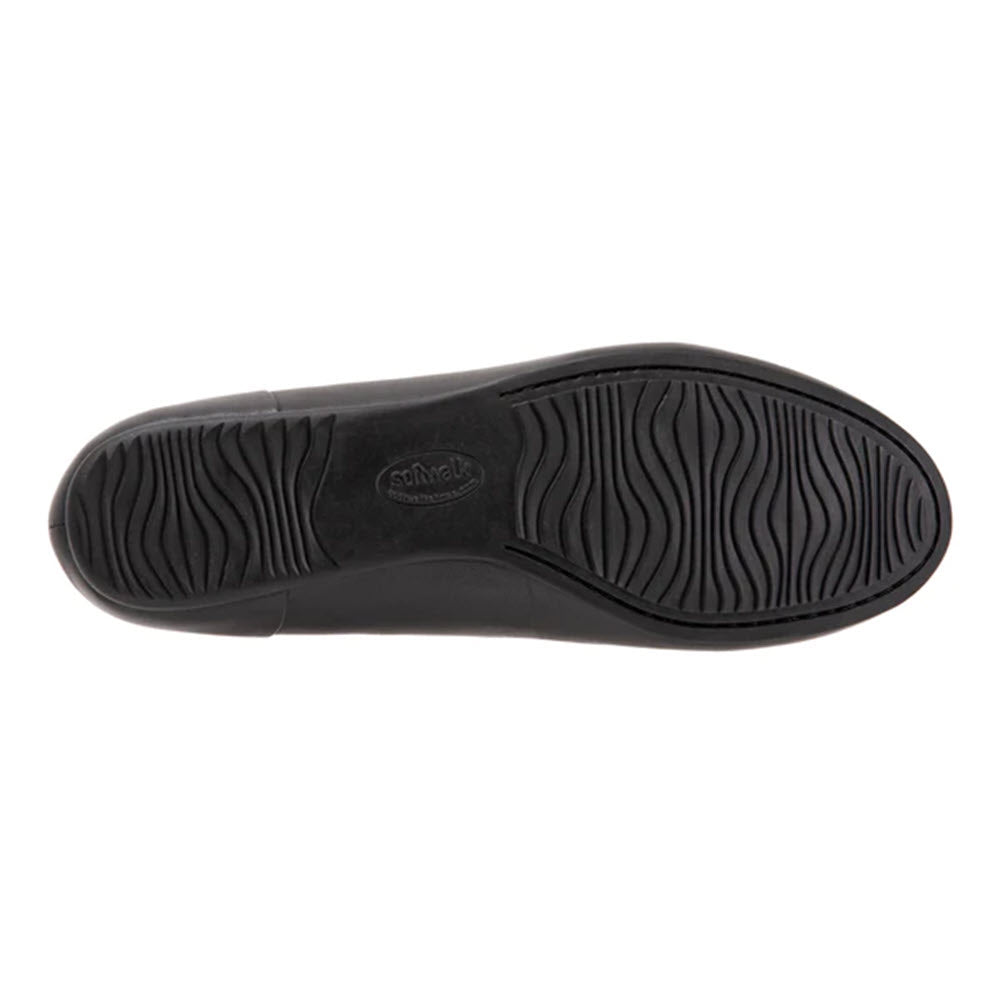 Black rubber sole of a Softwalk shoe with a cushioned removable footbed and visible Softwalk brand logo.