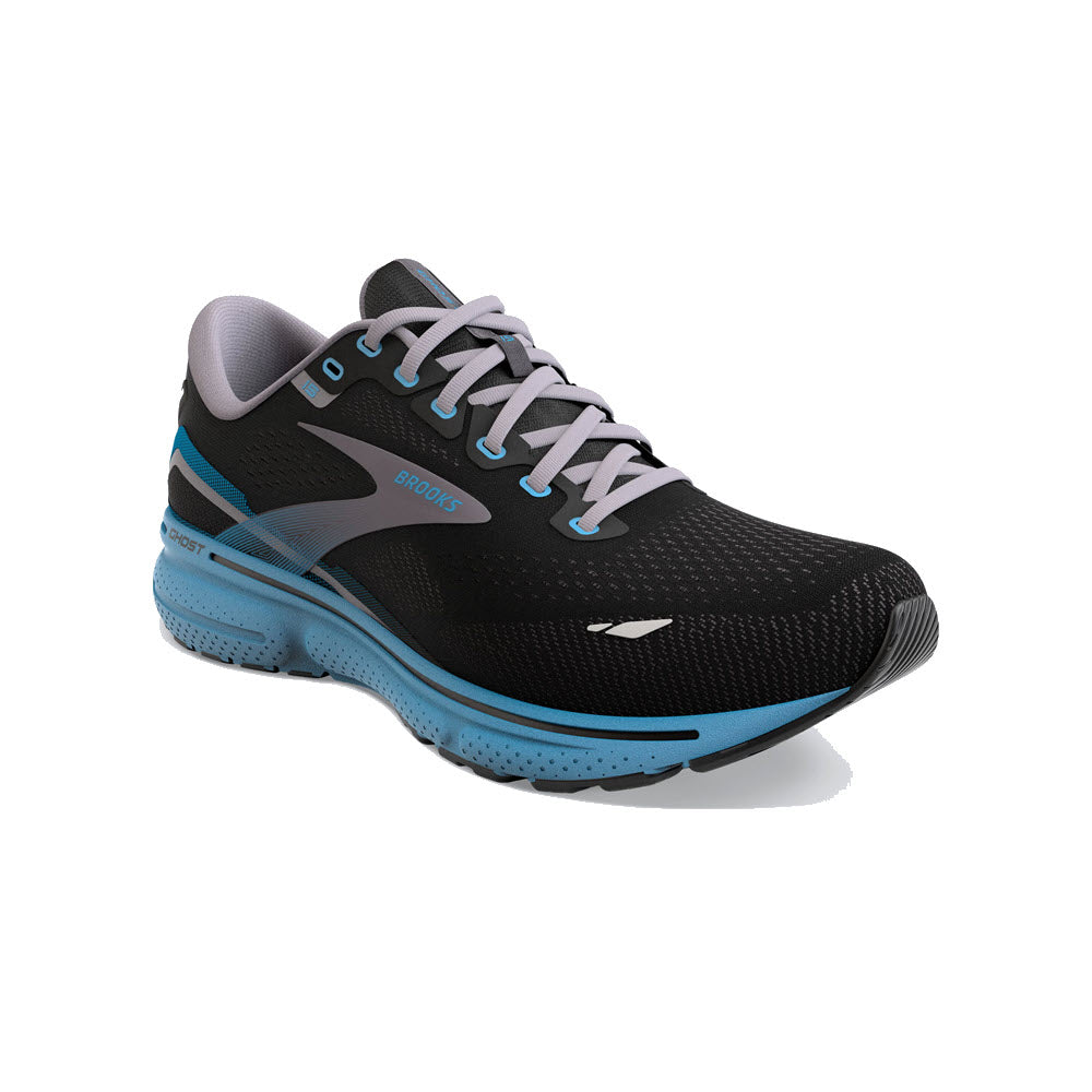 Black and blue BROOKS GHOST 15 running shoes with laces on a white background, designed for comfort and performance.