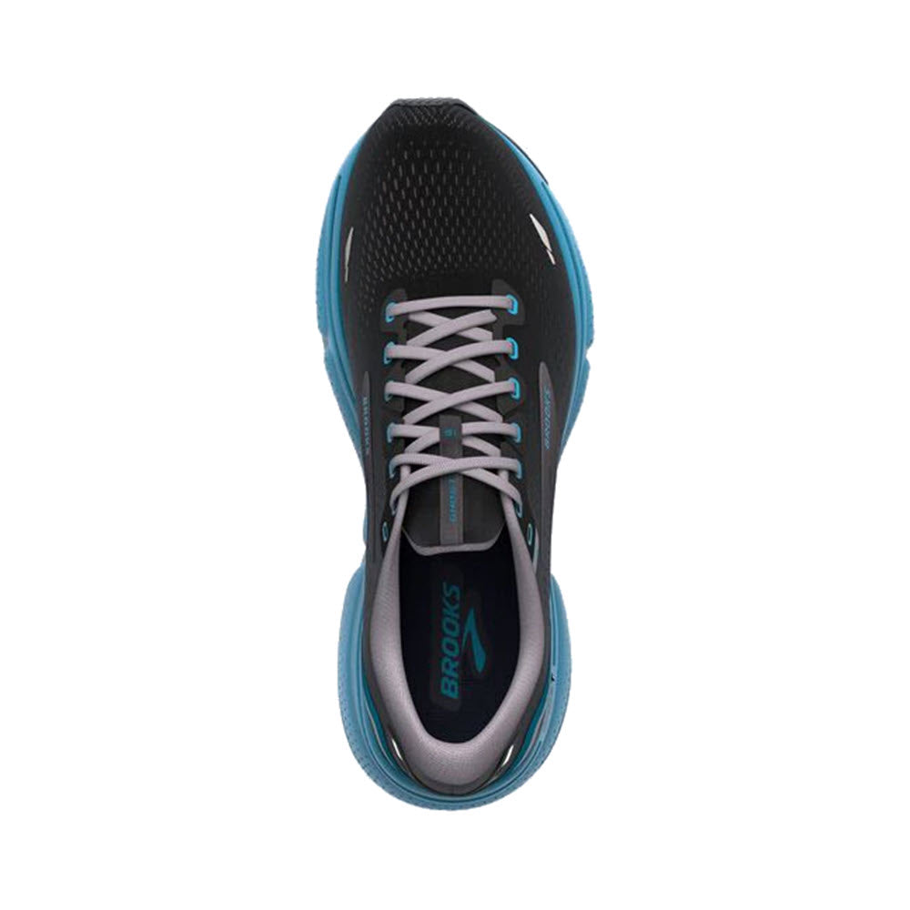 Top view of a black and blue Brooks Ghost 15 running shoe with white laces.