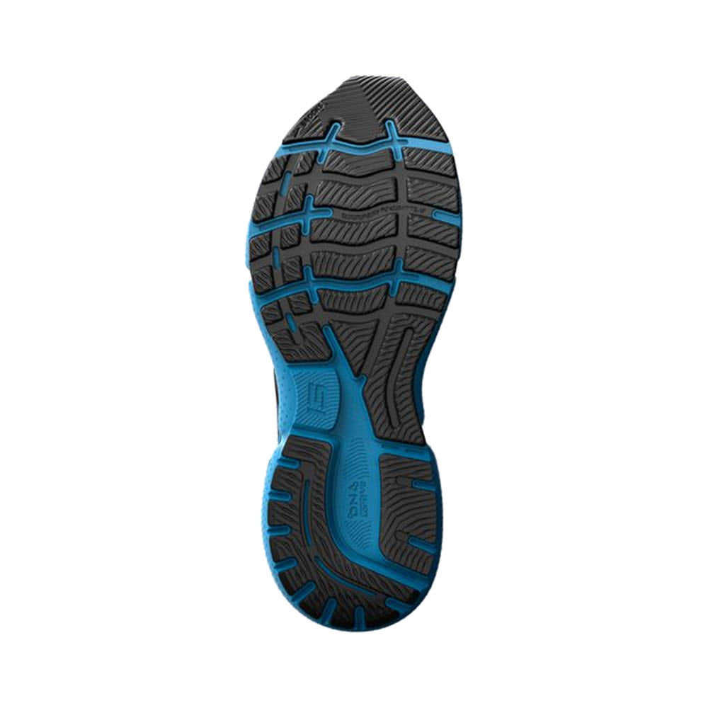 A sole of a Brooks Ghost 15 running shoe with intricate black and blue tread pattern designed for grip and comfort, isolated on white background.