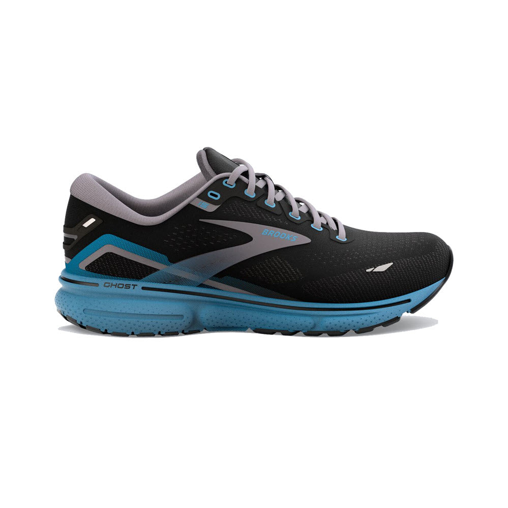 A single Brooks Ghost 15 running shoe in black and blue colors, side view, against a white background.